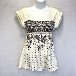 Vintage Y2K FANG Smocked Babydoll Top Shirt Womens Medium M White Brown Milkmaid